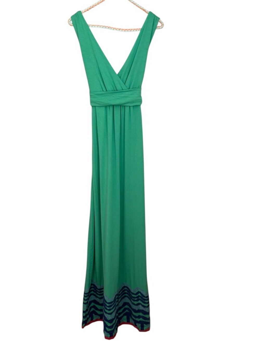 Boden Green Sleeveless Maxi Dress 12L Wave Applique Hem V-Neck Boho Chic Resort